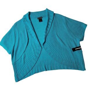 New Directions Blue Cardigan Sweater Preppy Teal Knit Short Sleeves Women Size L